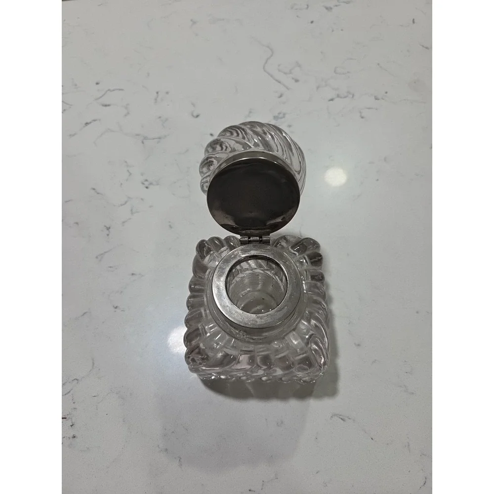 Antique Large Inkwell with Ribbed Swirling Glass- Baccarat Style Inkwell